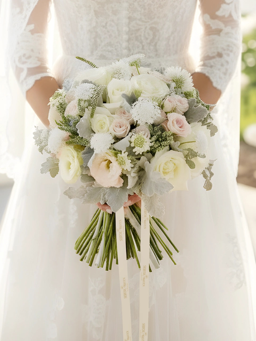 Serene Haven Grace 新娘花球，經典白色與裸粉花藝設計。Classic ivory bridal bouquet by Serene Haven.