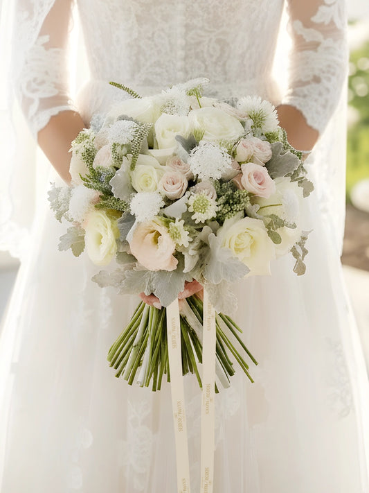Serene Haven Grace 新娘花球，經典白色與裸粉花藝設計。Classic ivory bridal bouquet by Serene Haven.