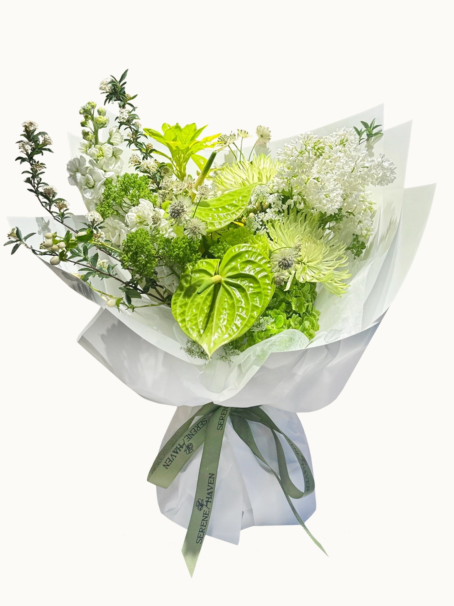 Green Whisper 鮮花花束｜Green Anthurium、Ivory Seasonal Flowers Bouquet｜Serene Haven Floristry
