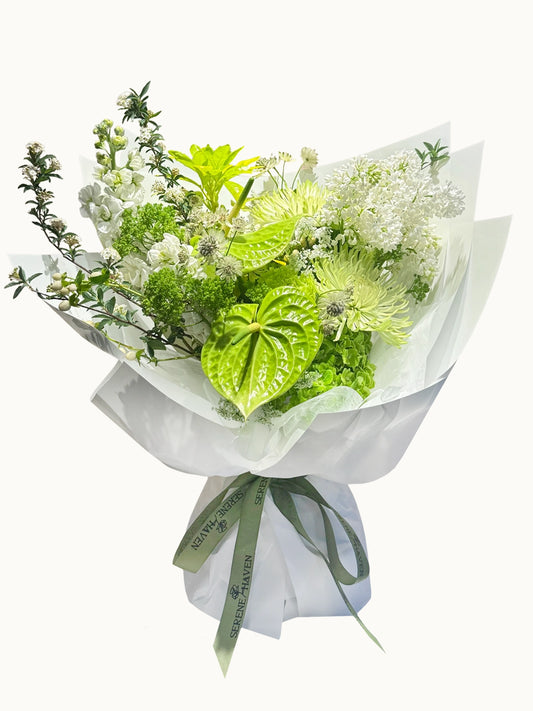 Green Whisper 鮮花花束｜Green Anthurium、Ivory Seasonal Flowers Bouquet｜Serene Haven Floristry