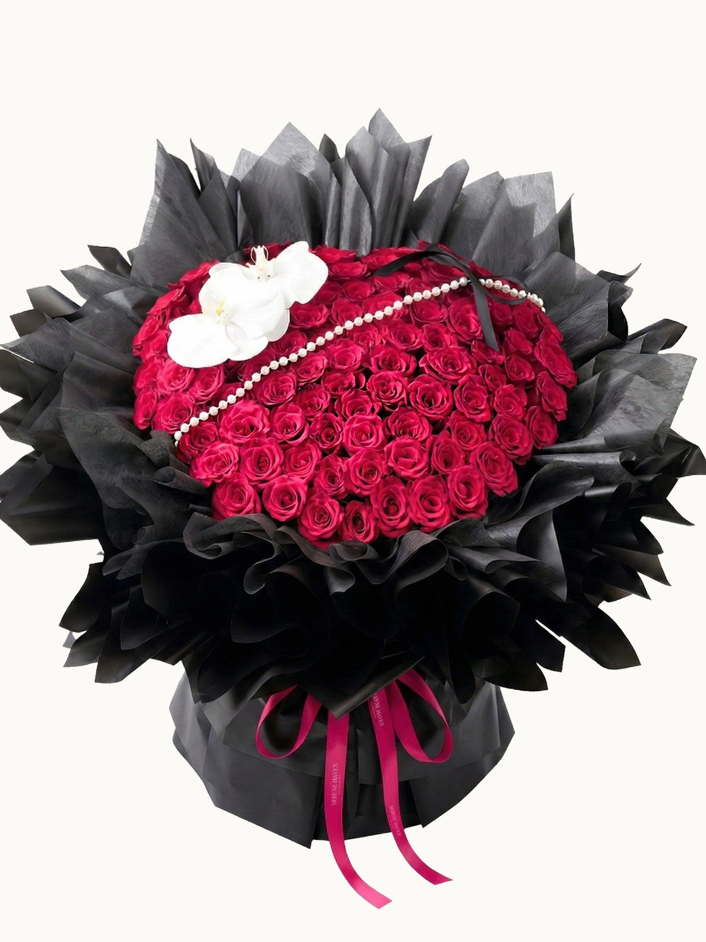 Hearts Entwined 溫柔桃紅玫瑰配白蝴蝶蘭鮮花花束，fresh fuchsia rose bouquet