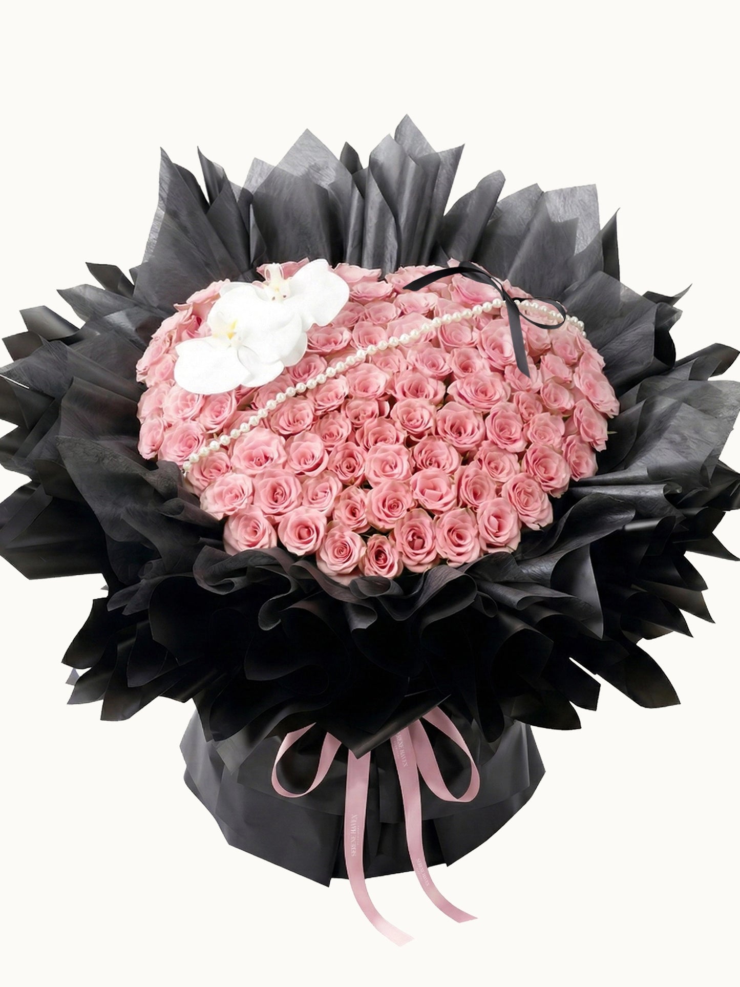 Hearts Entwined 浪漫粉紅玫瑰配白蝴蝶蘭鮮花花束，fresh pink rose bouquet