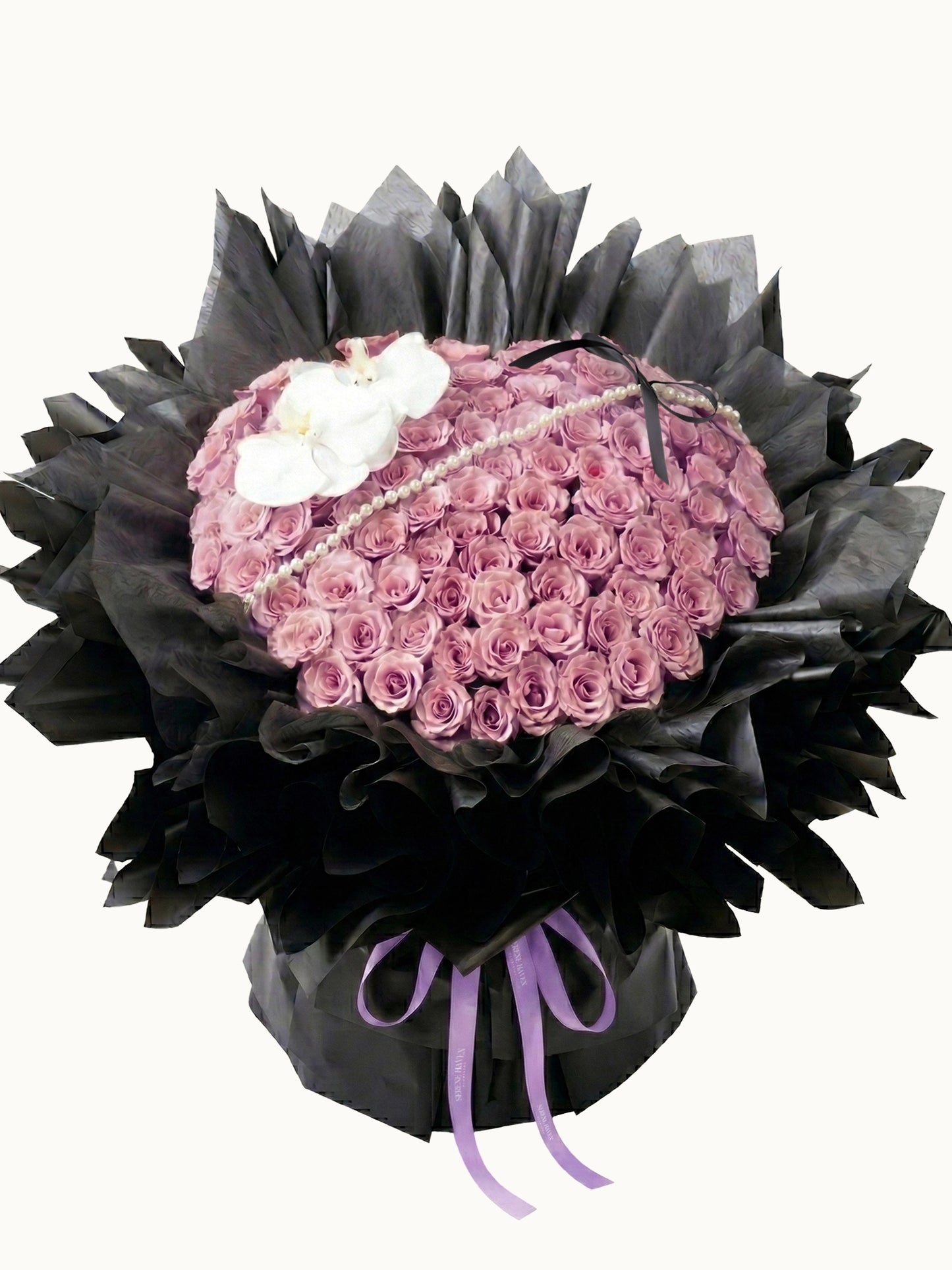 Hearts Entwined 浪漫紫玫瑰配白蝴蝶蘭鮮花花束，fresh purple rose bouquet