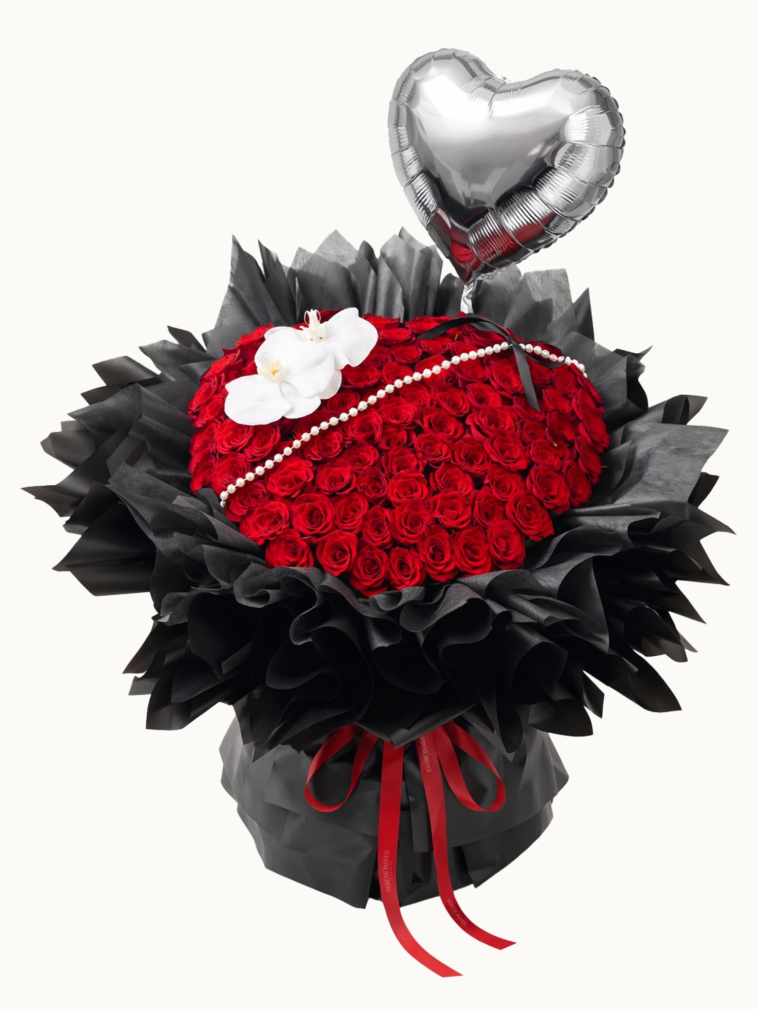 Hearts Entwined 紅玫瑰白蝴蝶蘭鮮花花束配心形氣球，fresh red rose bouquet with heart balloon