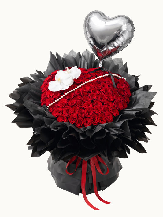 Hearts Entwined 紅玫瑰白蝴蝶蘭鮮花花束配心形氣球，fresh red rose bouquet with heart balloon