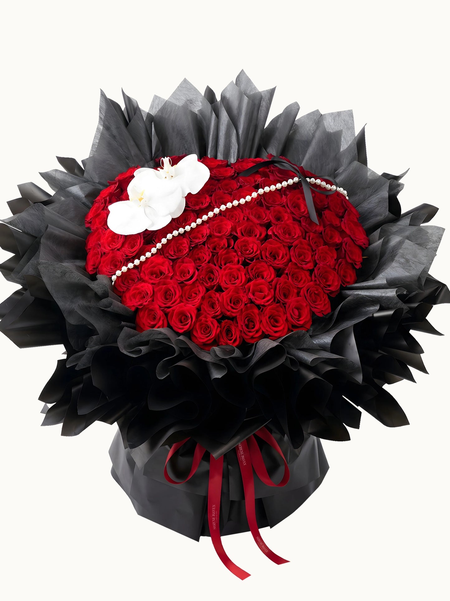 Hearts Entwined 經典紅玫瑰配白蝴蝶蘭鮮花花束，fresh red rose bouquet