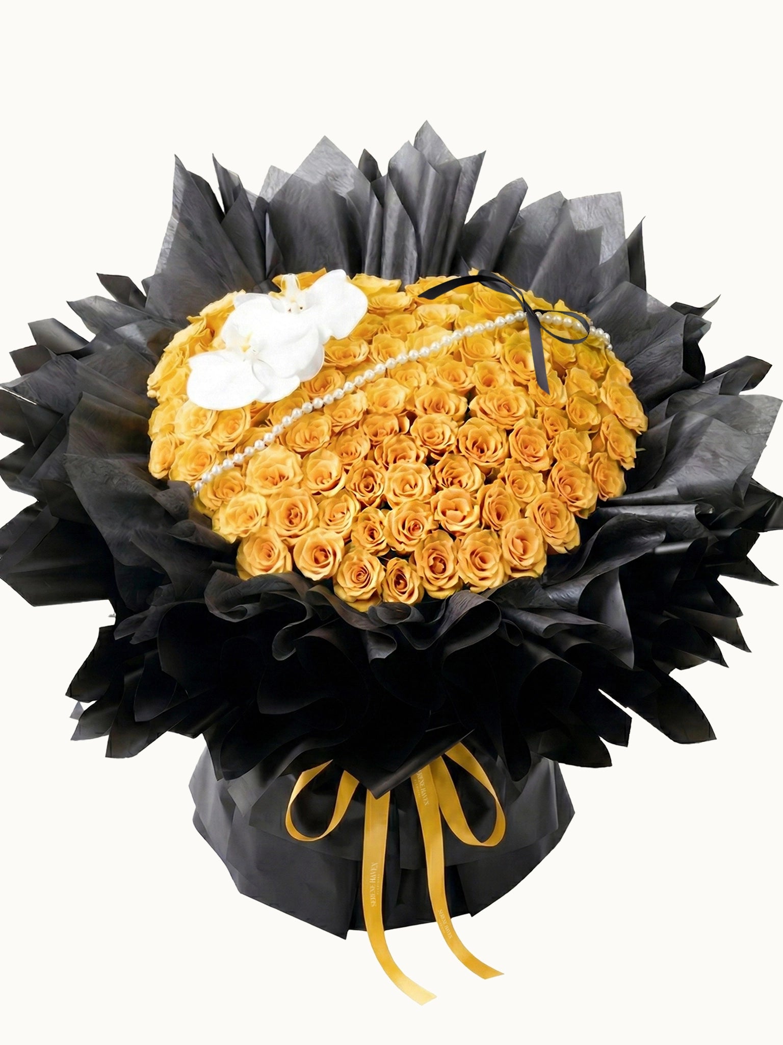 Hearts Entwined 明亮黃玫瑰配白蝴蝶蘭鮮花花束，fresh yellow rose bouquet