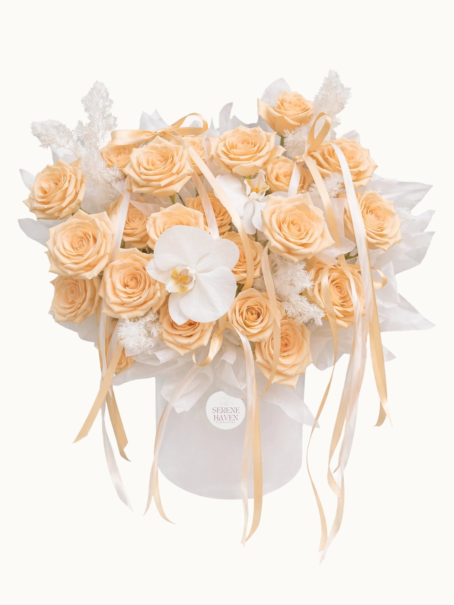 Love in Orbit champagne roses and white orchids flower box，優雅香檳金玫瑰，與高貴白蝴蝶蘭花盒