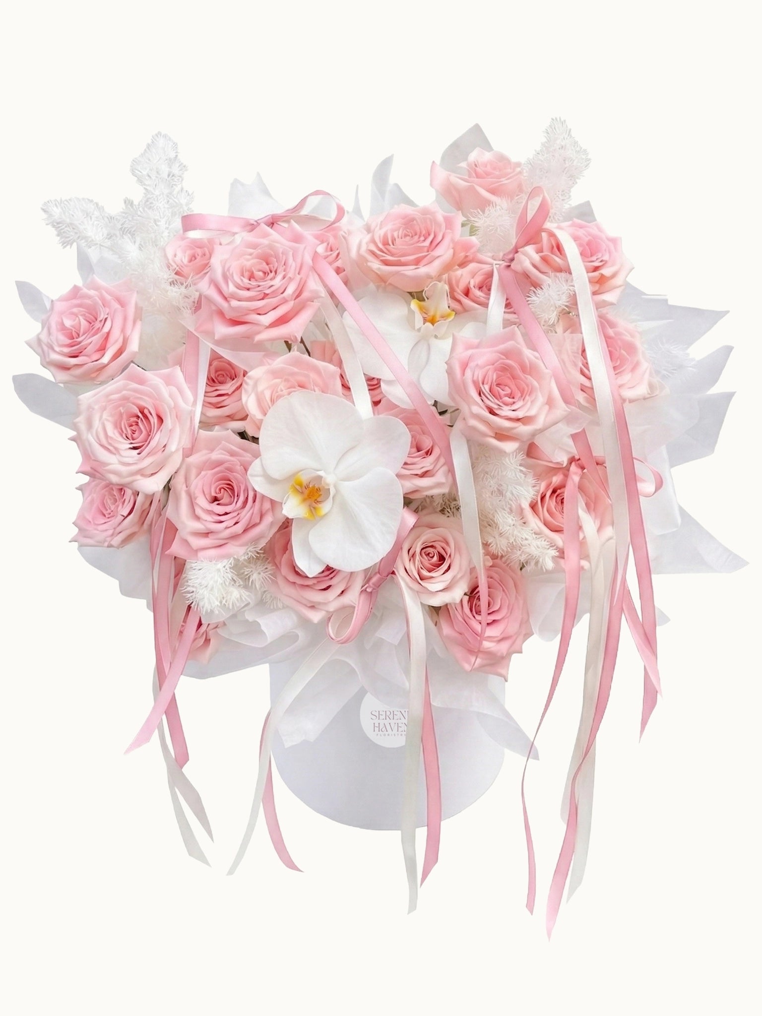 Love in Orbit pink roses and white orchids flower box，粉紅色玫瑰與高貴白蝴蝶蘭花盒