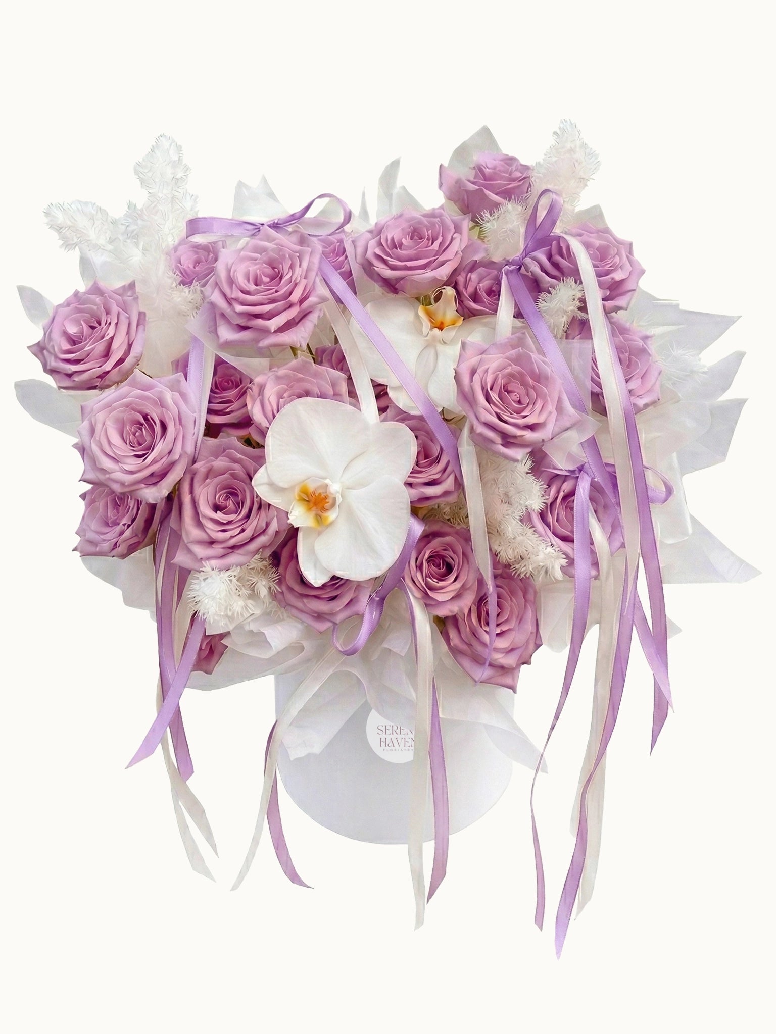 Love in Orbit purple roses and white orchids flower box，高貴典雅紫色玫瑰，與高貴白蝴蝶蘭花盒