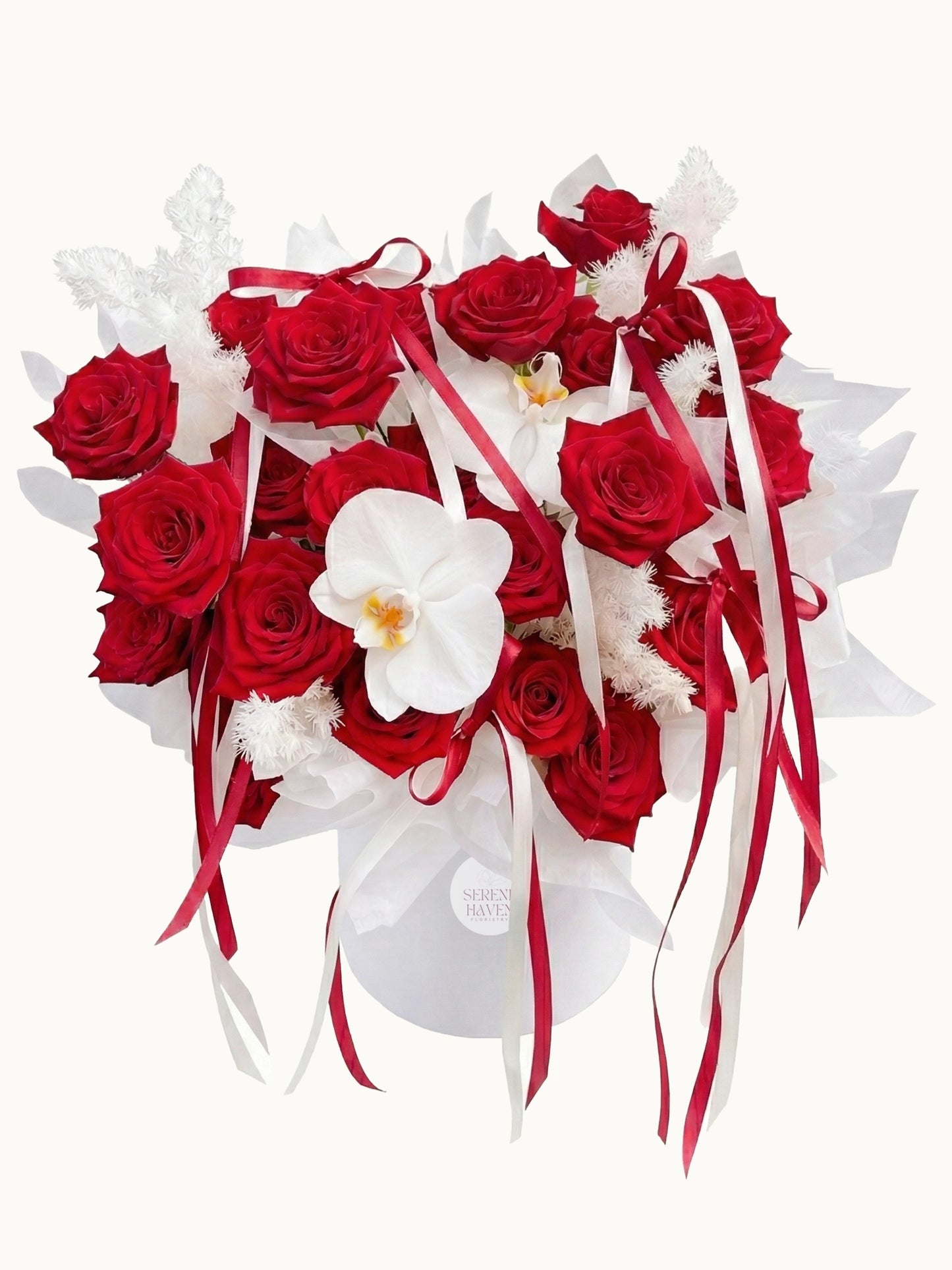 Love in Orbit red roses and white orchids flower box，經典紅玫瑰與高貴白蝴蝶蘭花盒