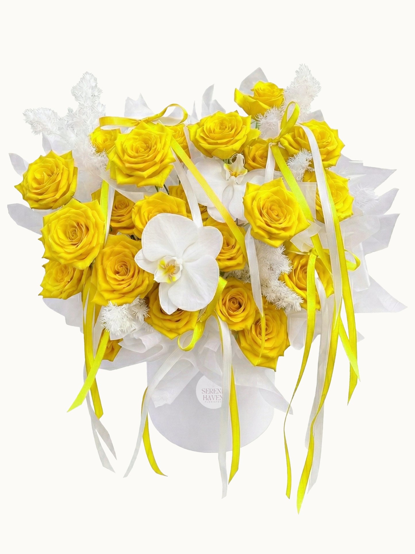 Love in Orbit yellow roses and white orchids flower box，活力黃玫瑰，與高貴白蝴蝶蘭花盒