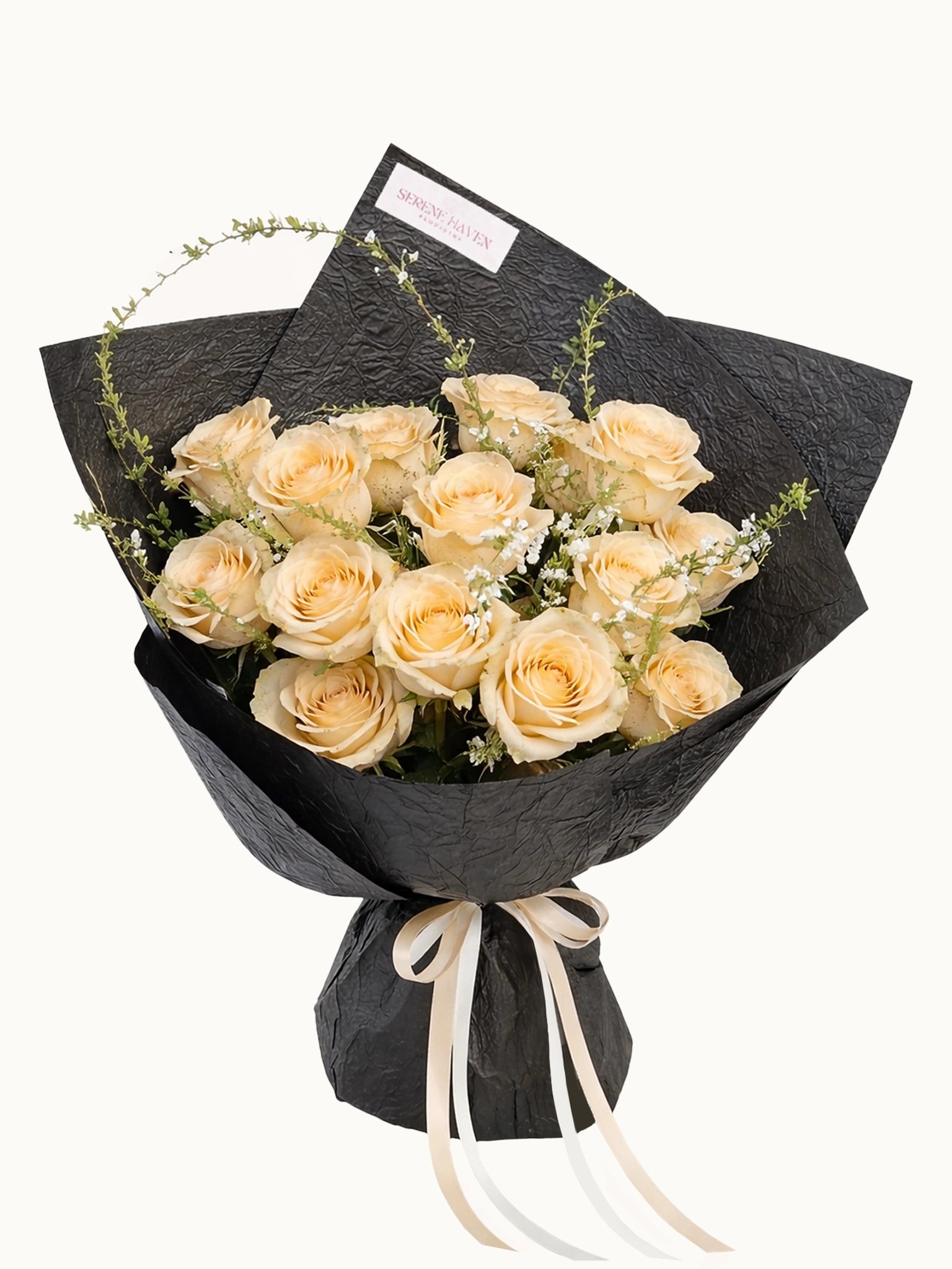 Love Story 香檳玫瑰配時令襯花鮮花花束，fresh champagne rose bouquet