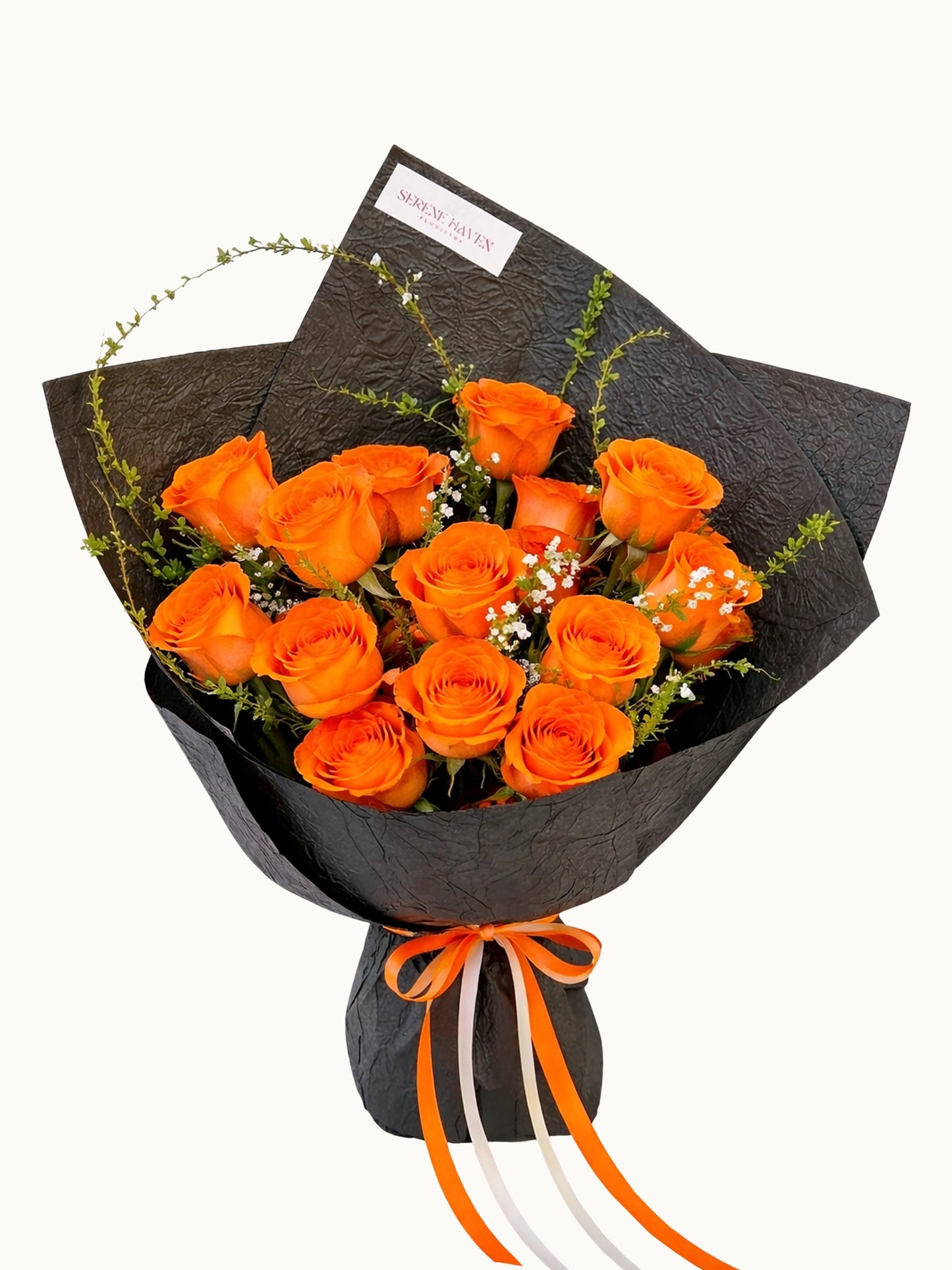 Love Story 橙玫瑰配時令襯花鮮花花束，fresh orange rose bouquet