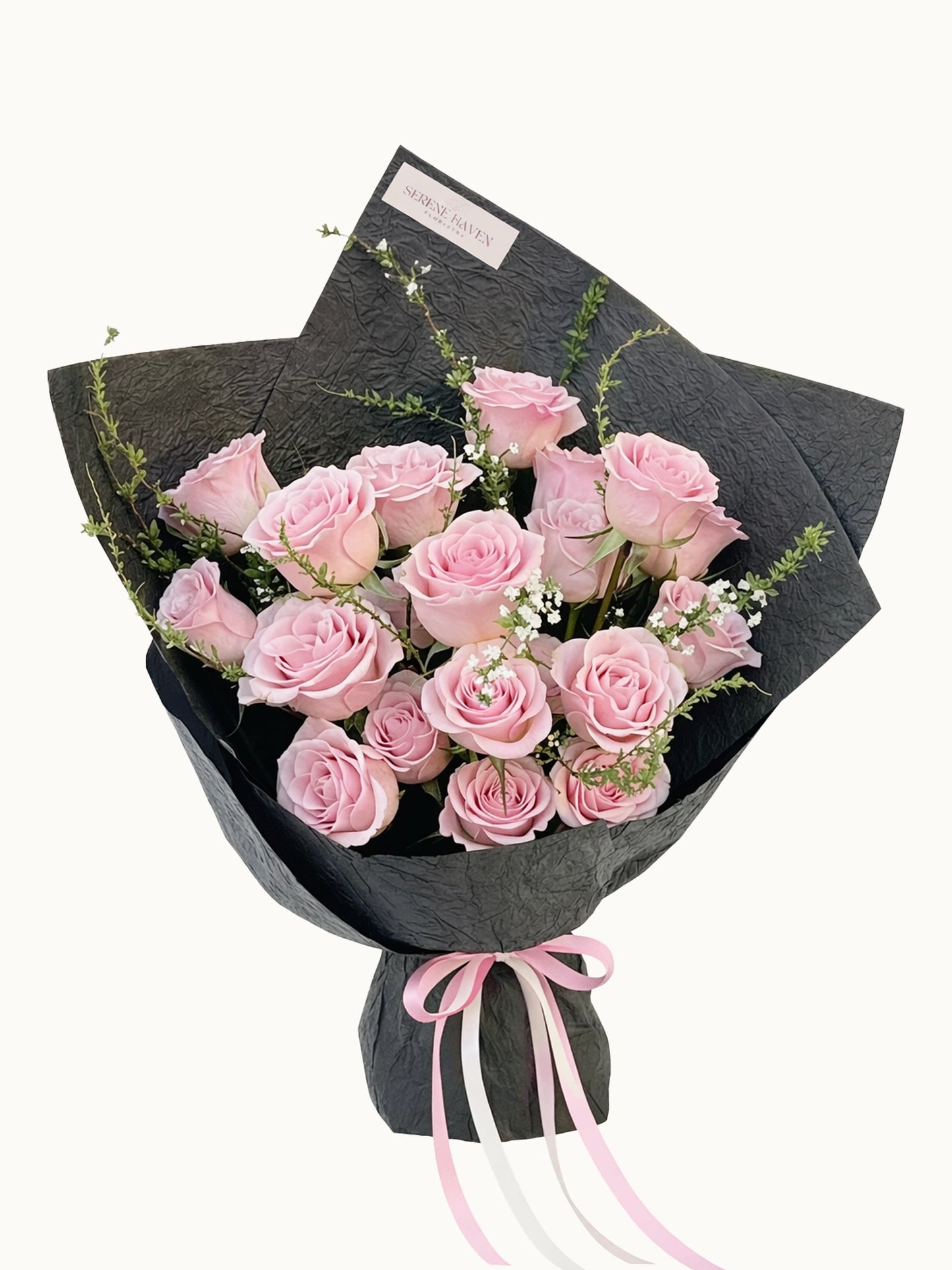Love Story 粉紅玫瑰配時令襯花鮮花花束，fresh pink rose bouquet