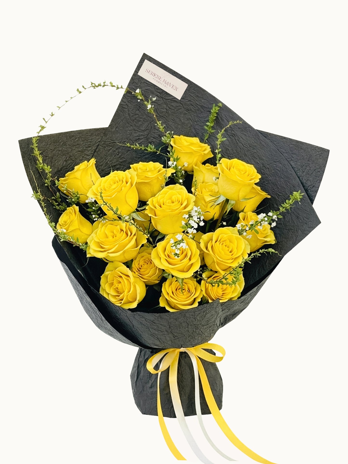 Love Story 黃玫瑰配時令襯花鮮花花束，fresh yellow rose bouquet