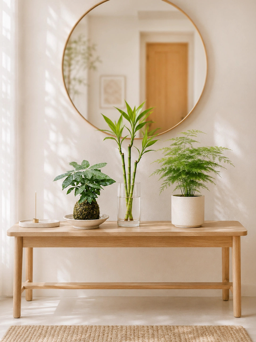 富貴竹 Lucky Bamboo，發財樹苔蘚球Money Tree Kokedama，文竹 Asparagus Fern放玄關，一套植物點綴全屋