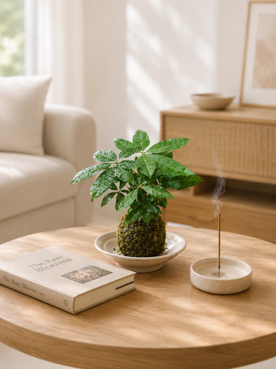 Money Tree Kokedama 擺放於 Living Room，為家居增添綠意與 Prosperity