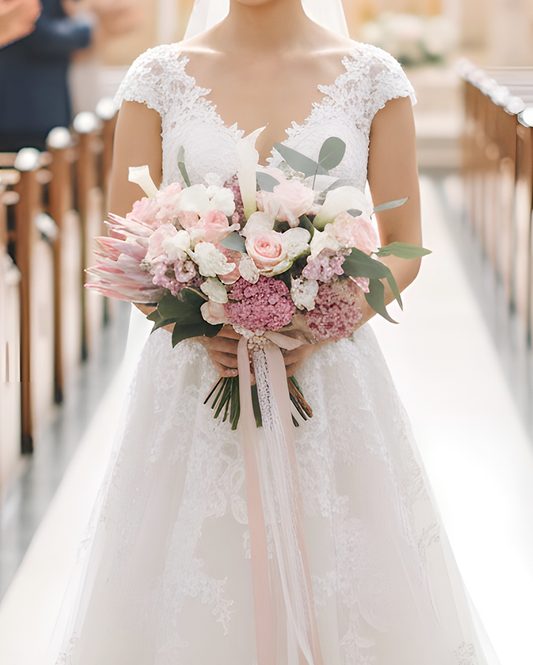 Serene Haven Lumière 新娘花球，繡球花與玫瑰浪漫設計。Elegant hydrangea and rose bridal bouquet by Serene Haven.