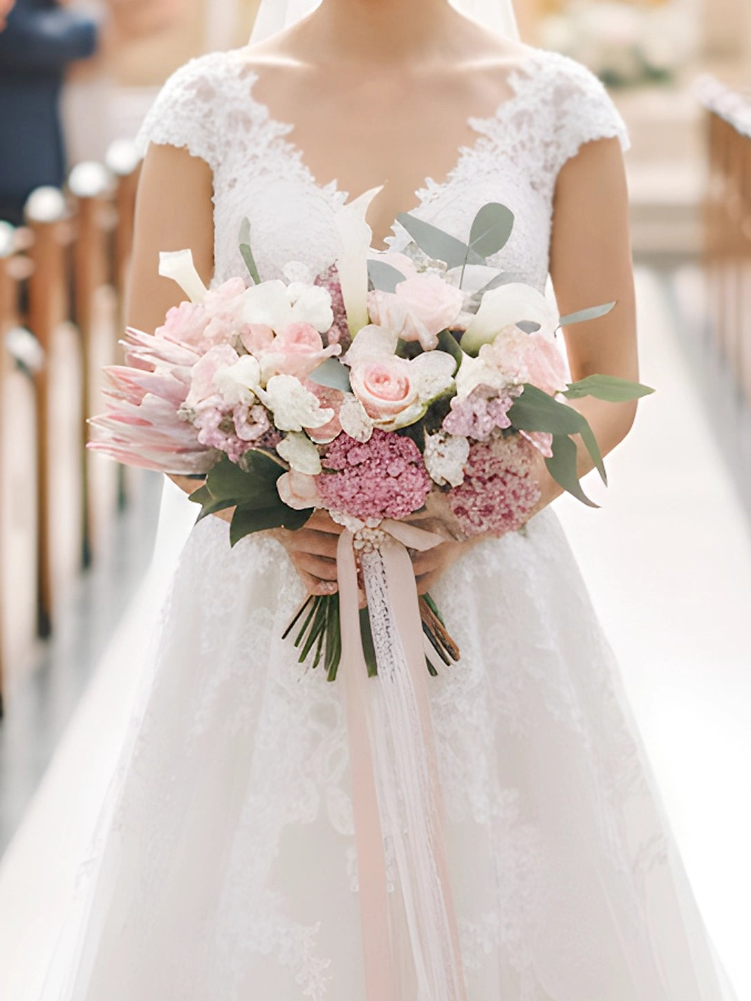 Serene Haven Lumière 新娘花球，繡球花與玫瑰浪漫設計。Elegant hydrangea and rose bridal bouquet by Serene Haven.