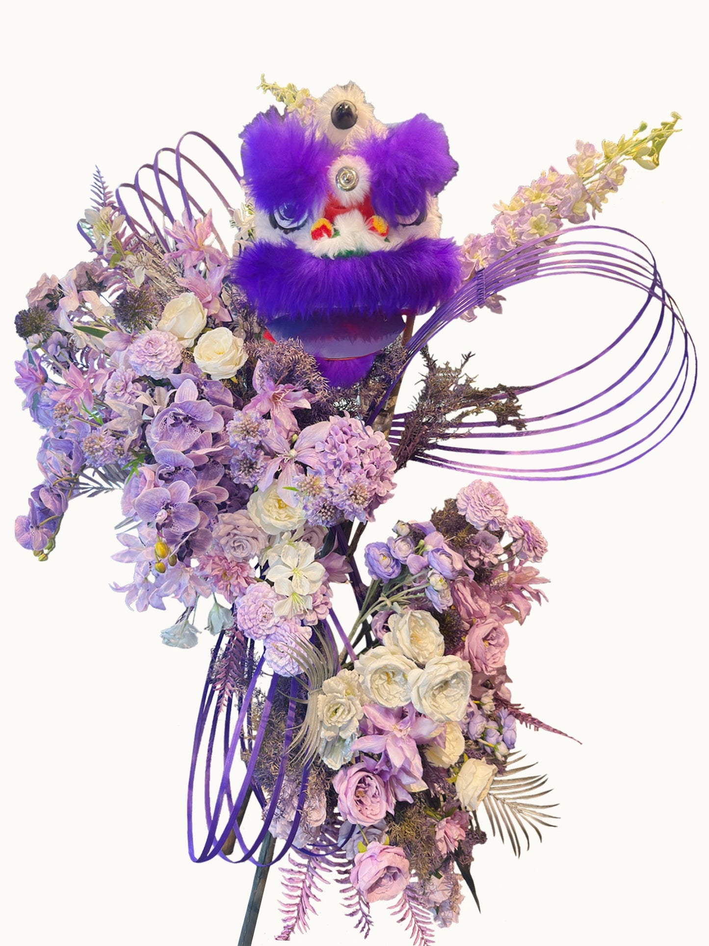 Lunar Bloom 開張花牌｜紫色 lion dance、lilac flowers 及 sculptural spiral design