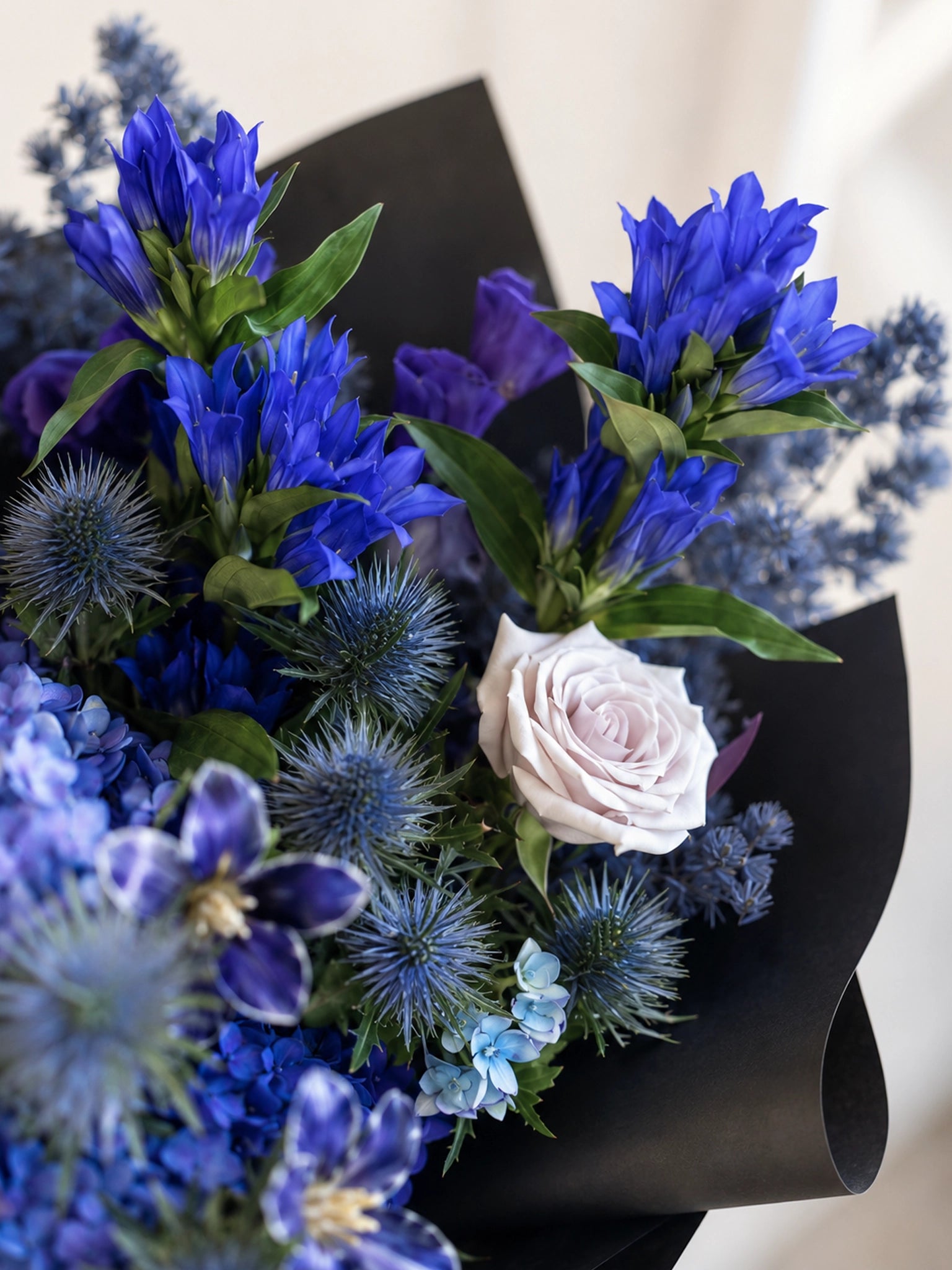 Midnight Odyssey close-up，展示鮮藍 gentian、淡紫玫瑰、繡球及黑色包裝