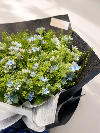 Midnight Whispers bouquet 特寫, blue tweedia 配白色 freesia, calming floral arrangement by Serene Haven Floristry
