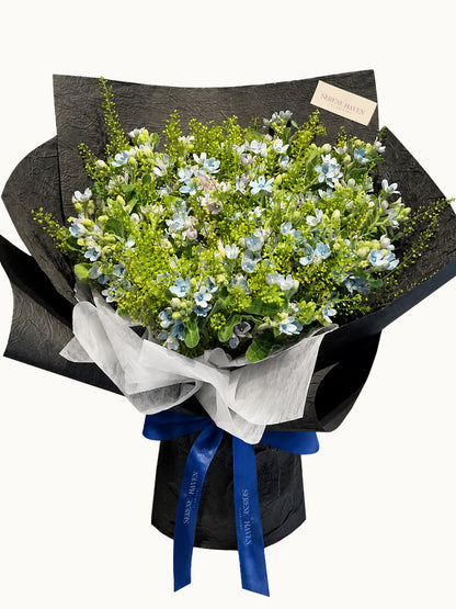 Midnight Whispers bouquet 藍色 tweedia 配白色小蒼蘭花束, black wrapping, elegant blue floral gift Hong Kong