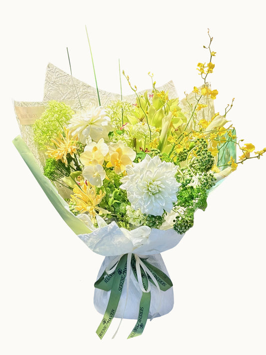 Morning, My Love bouquet｜白色大理花、黃色蝴蝶蘭與綠色花材花束，清新晨光花束，Hong Kong florist