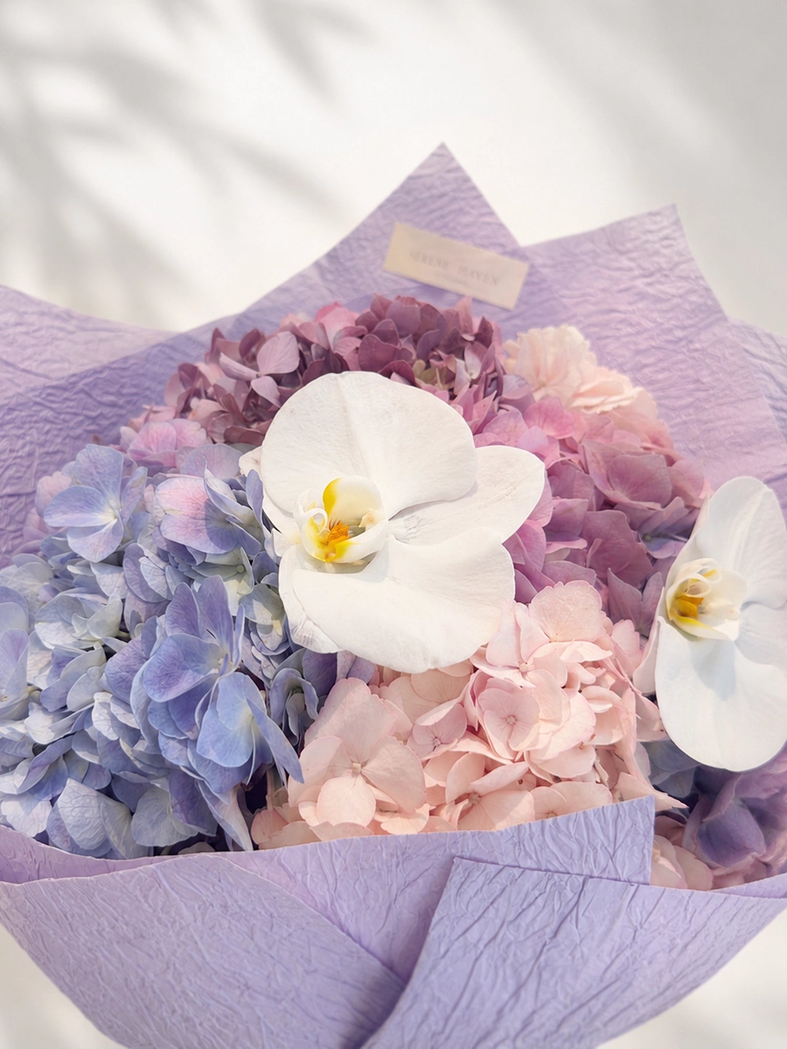 Serene Haven - Ocean Whisper Purple Bouquet 夢幻紫色繡球花配高白蘭花 氣質優雅周年紀念首選