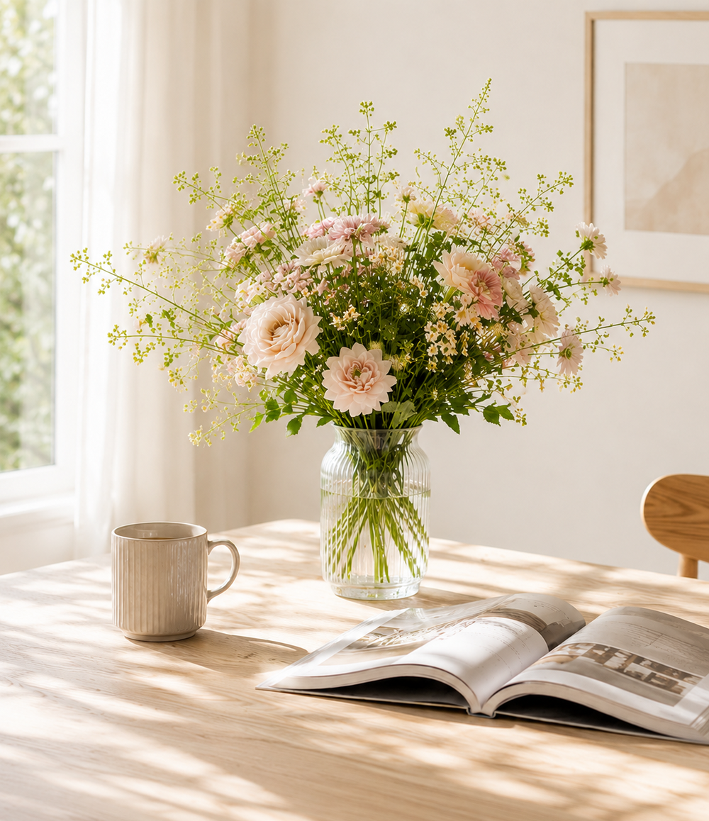 Fresh seasonal flower arrangement in a bright home interior, representing Serene Haven Flower Subscription for homes and workspaces. 明亮家居空間中的時令鮮花花藝，展現 Serene Haven 花藝訂閱服務，適合家居及工作空間。