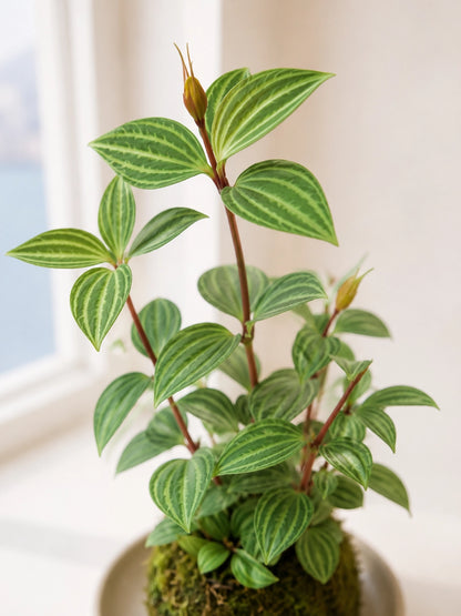 Peperomia Tetragona Kokedama 側面角度，展示自然生長形態及苔蘚球細節，indoor kokedama plant Hong Kong
