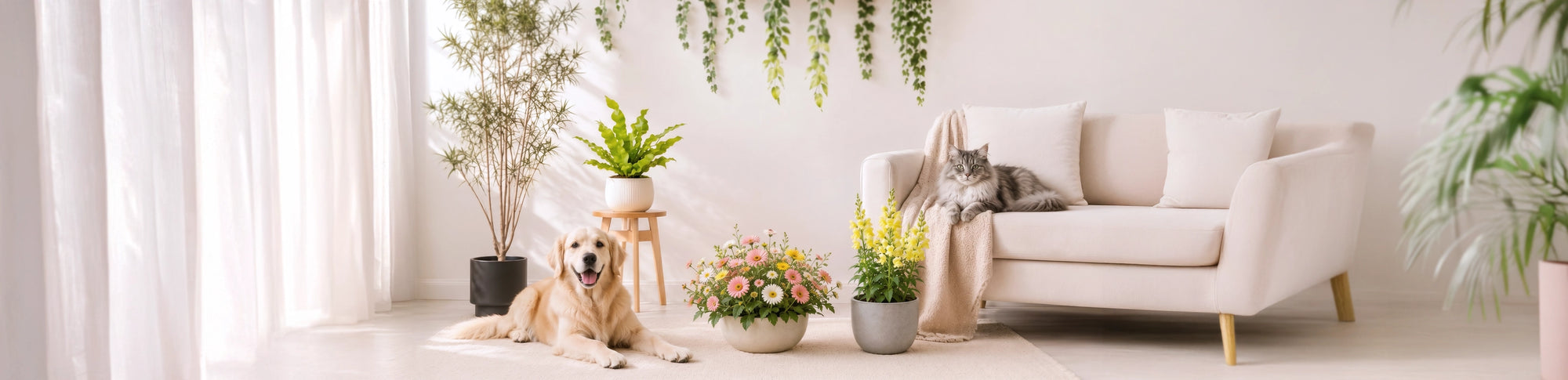 Pet-Friendly Plants 寵物友善植物系列，safe indoor houseplants displayed in a serene living room with a dog and cat.