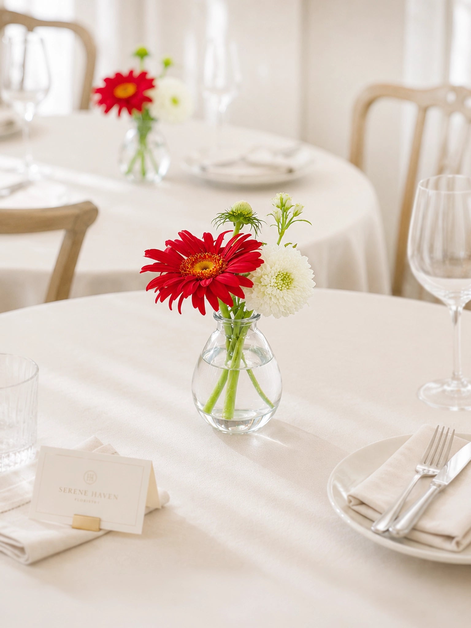 Serene Haven Petite Rouge 桌花設計，紅色非洲菊配白色花材。Petite Rouge tablescape arrangement by Serene Haven.