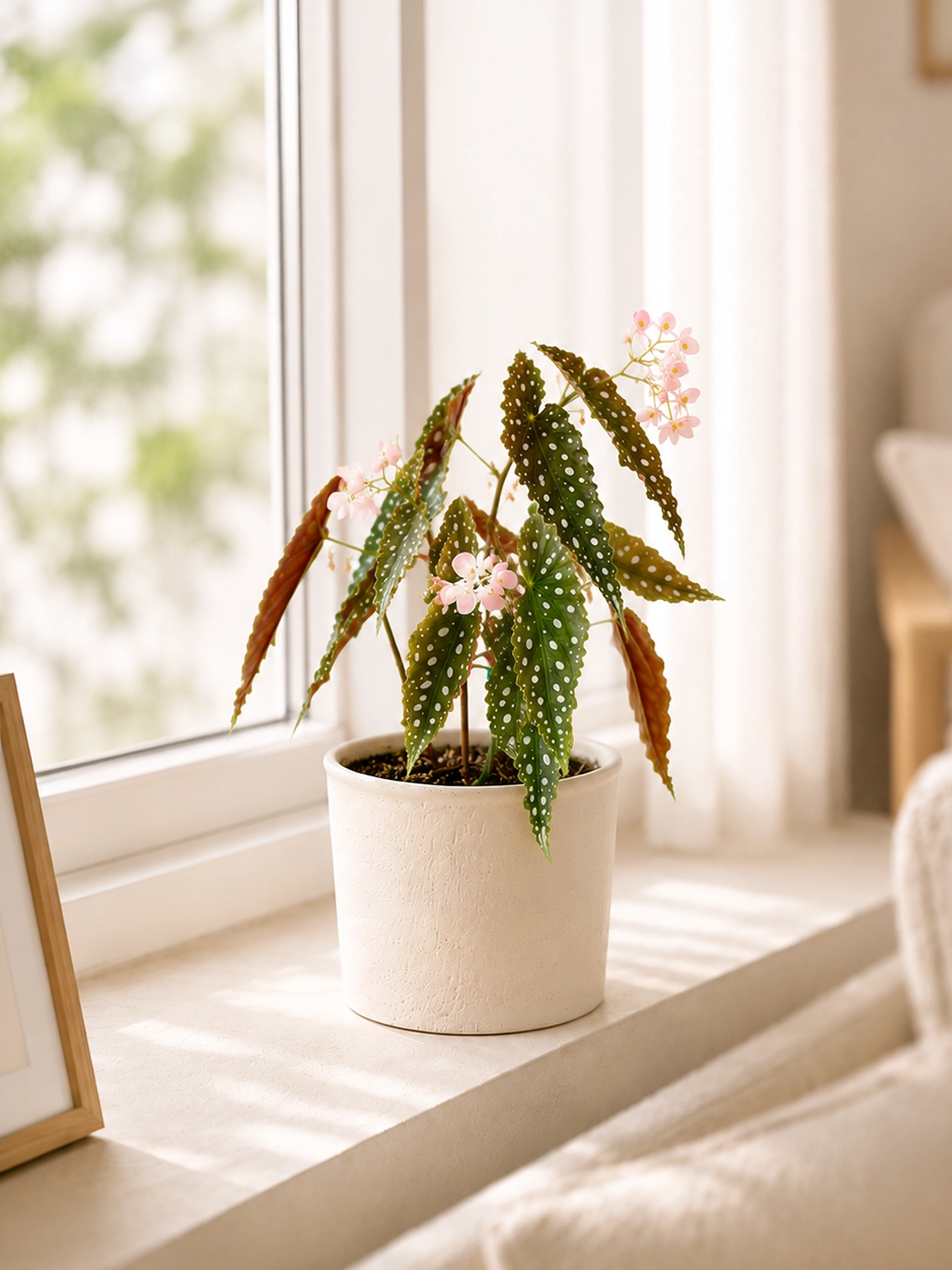 Polka Dot Begonia 鱒魚秋海棠 in ceramic pot by the window｜Foliage Plants Hong Kong with soft daylight｜Serene Haven Floristry