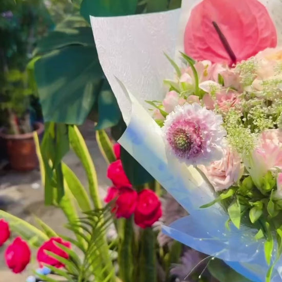 Blush Reverie bouquet 360° video，多角度展示粉色玫瑰、Gerberas、粉紅 Anthurium 及季節花材，romantic pastel floral arrangement perfect for gifting.
