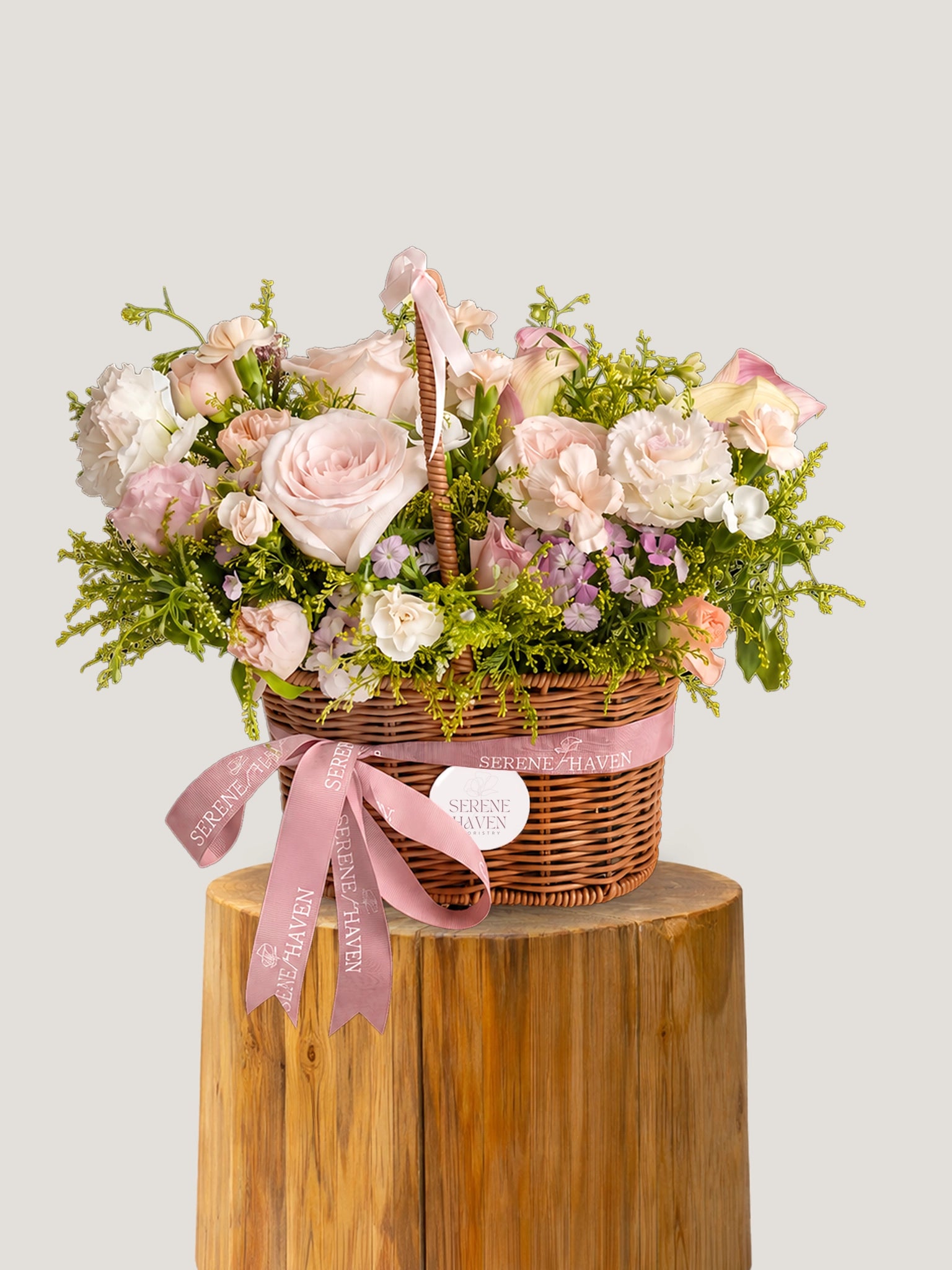 Quiet Comfort Basket 淡粉玫瑰、象牙白花材及柔綠葉材正面產品照