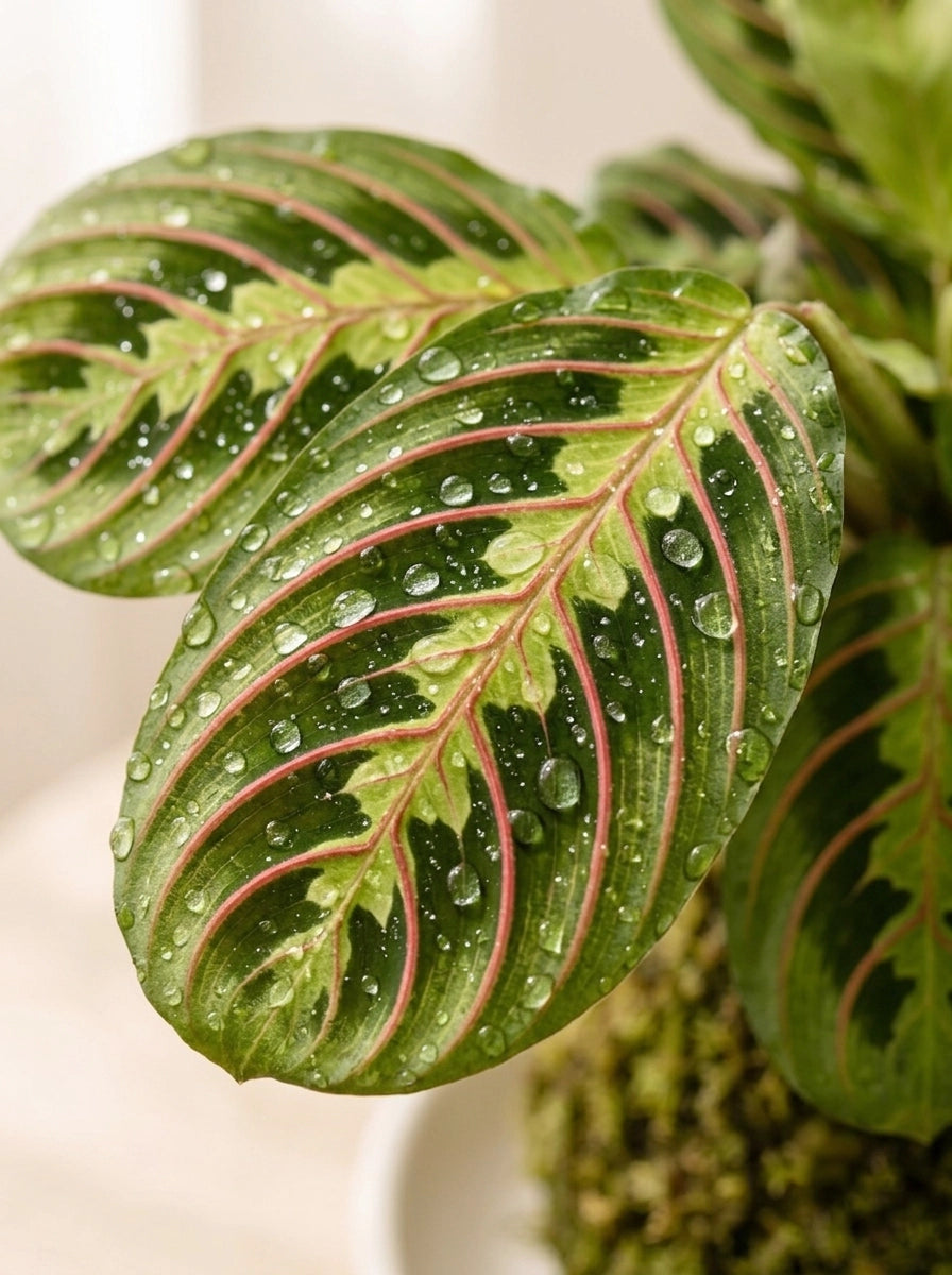 Red Veined Prayer Plant Japanese Kokedama 紅脈葉蟬竹芋日式苔蘚球近拍，紅脈葉紋細節