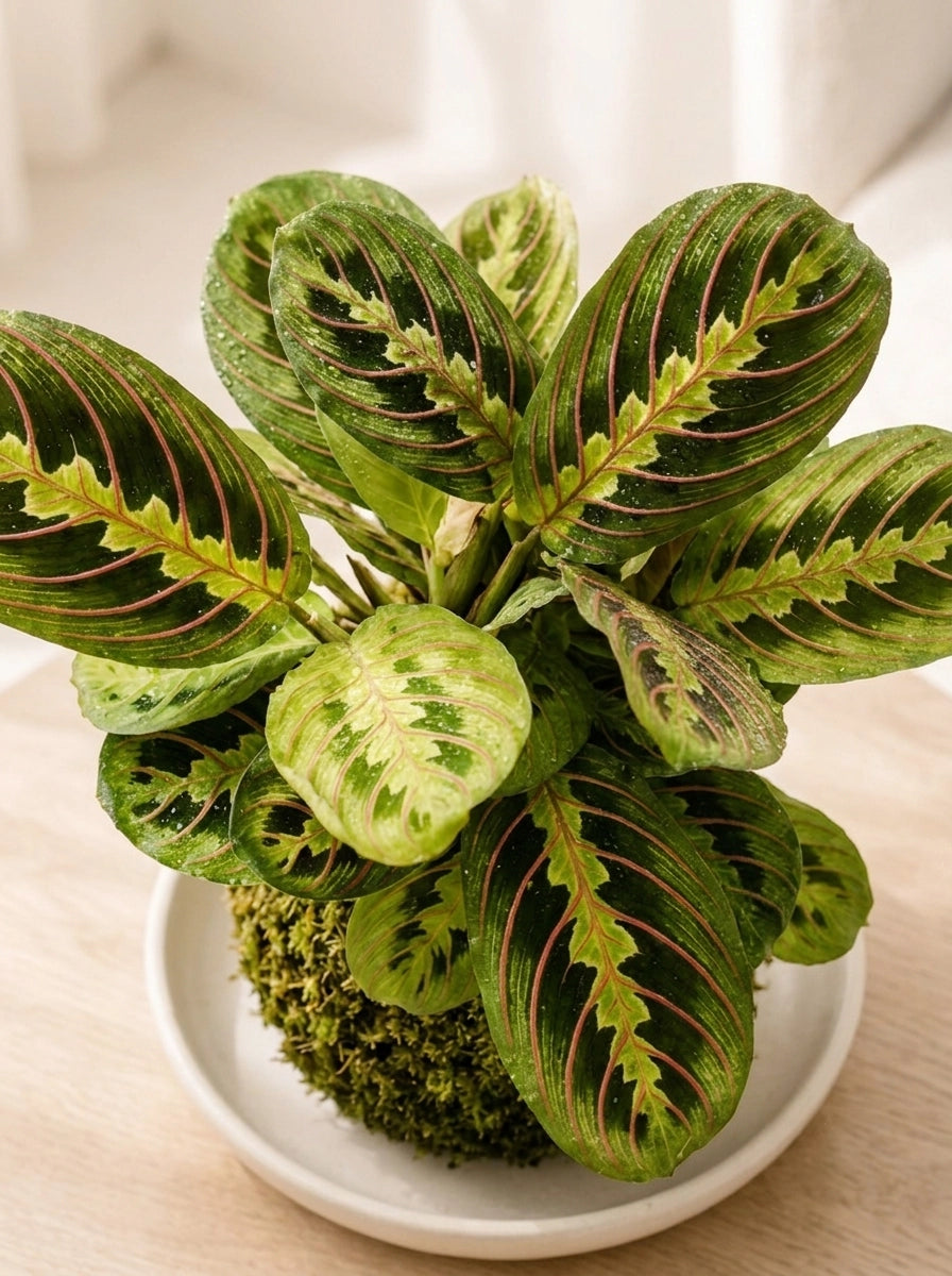 Red Veined Prayer Plant Japanese Kokedama 紅脈葉蟬竹芋日式苔蘚球，俯視角度，手工苔蘚球植物