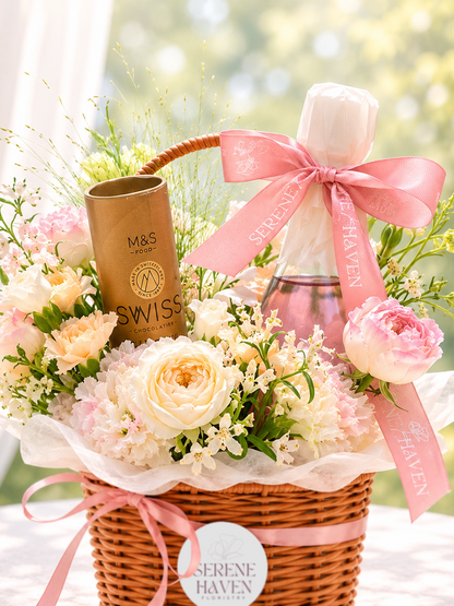 Serene Haven Rosé Haven 細節，鮮花及 Moscato Rosé 禮籃近拍。Close-up of floral hamper with Moscato Rosé.