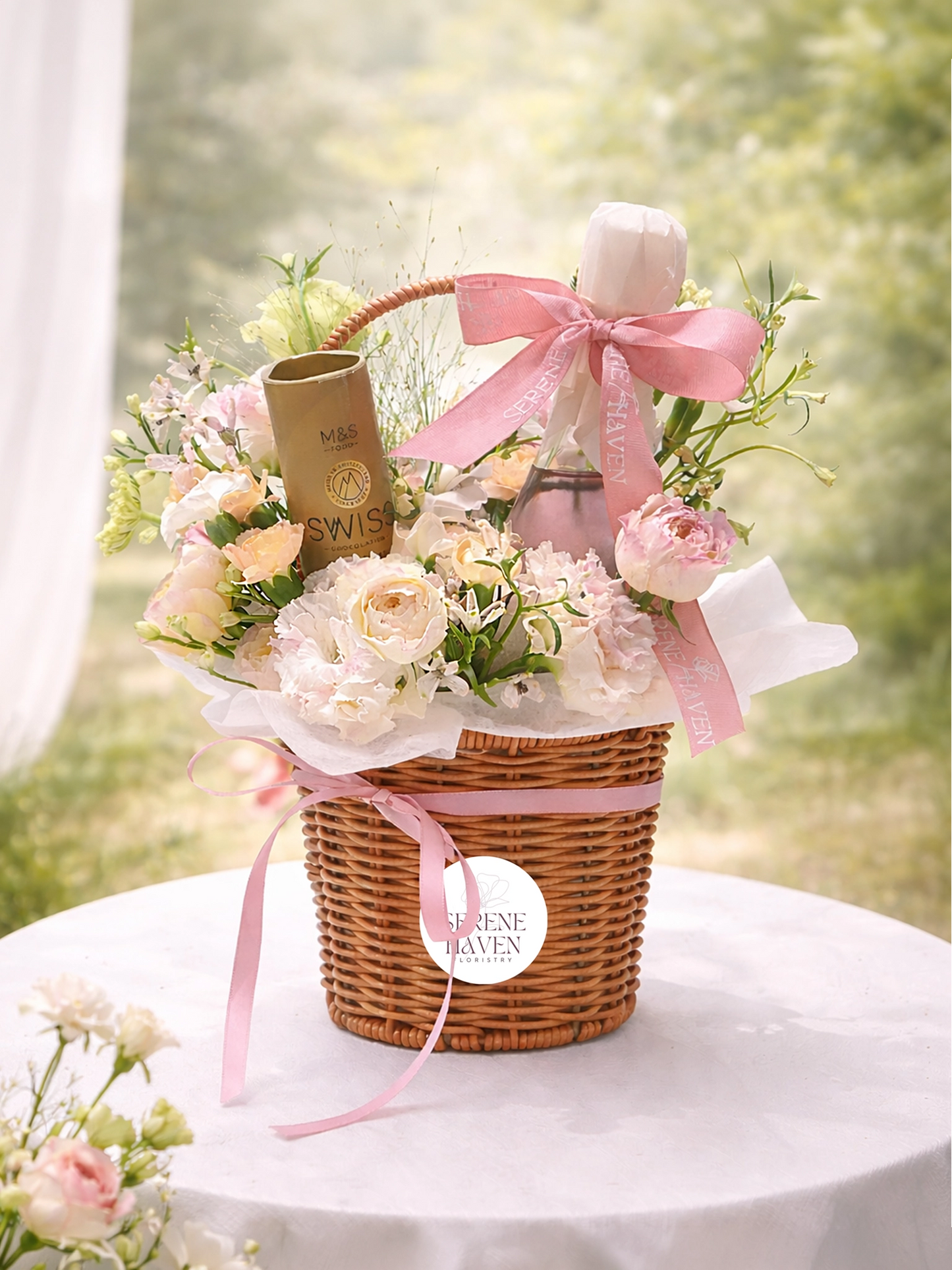 Serene Haven Rosé Haven 花禮籃，鮮花配 Moscato Rosé，優雅送禮之選。Elegant floral hamper with Moscato Rosé by Serene Haven.