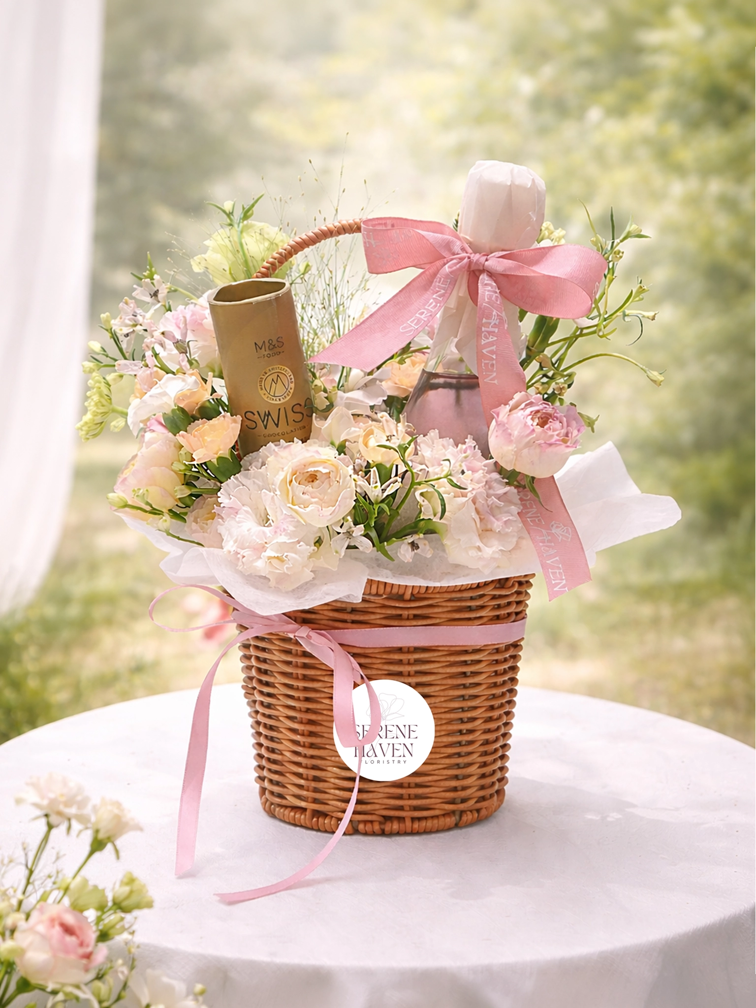 Serene Haven Rosé Haven 花禮籃，鮮花配 Moscato Rosé，優雅送禮之選。Elegant floral hamper with Moscato Rosé by Serene Haven.
