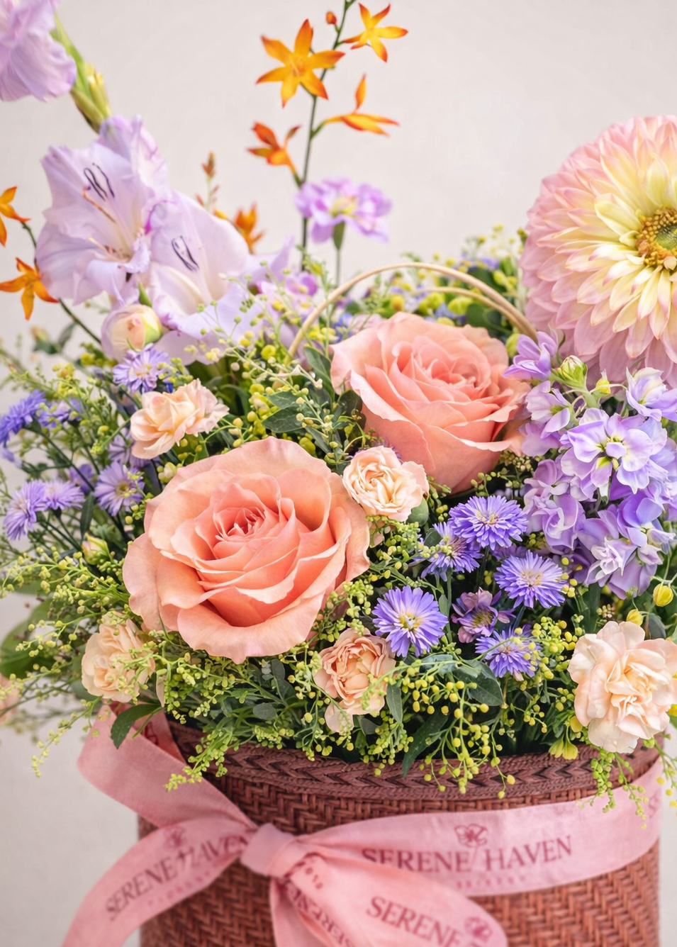 花材細節 Close-up｜Peach roses & lilac seasonal blooms
