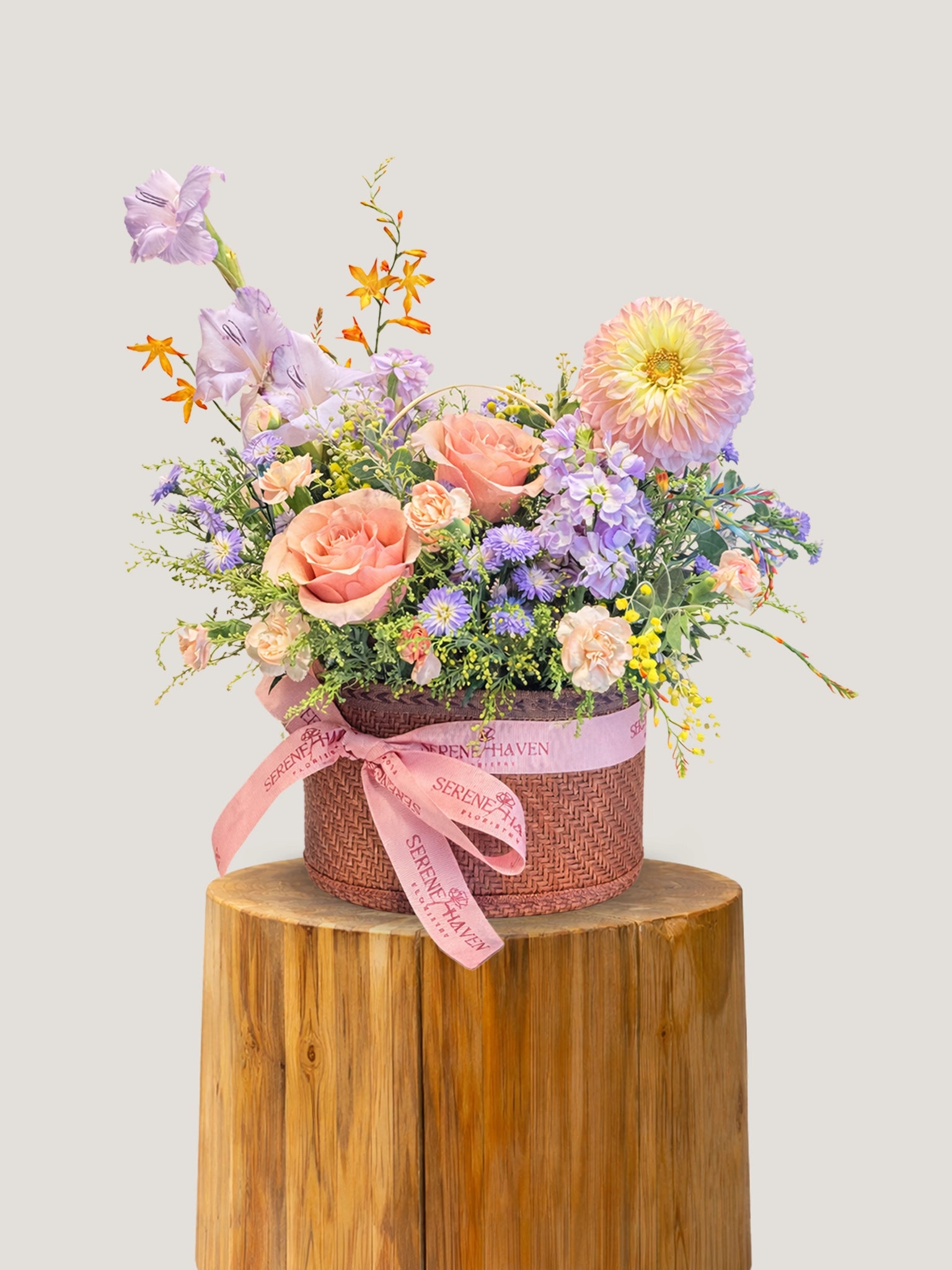 Serene Joy Basket 花籃｜Pastel peach & lilac floral basket