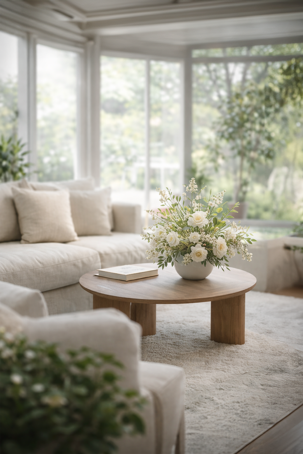 Elegant floral arrangement in a bright living space for homes, cafés and serene interiors｜家居、咖啡店及室內空間花藝佈置
