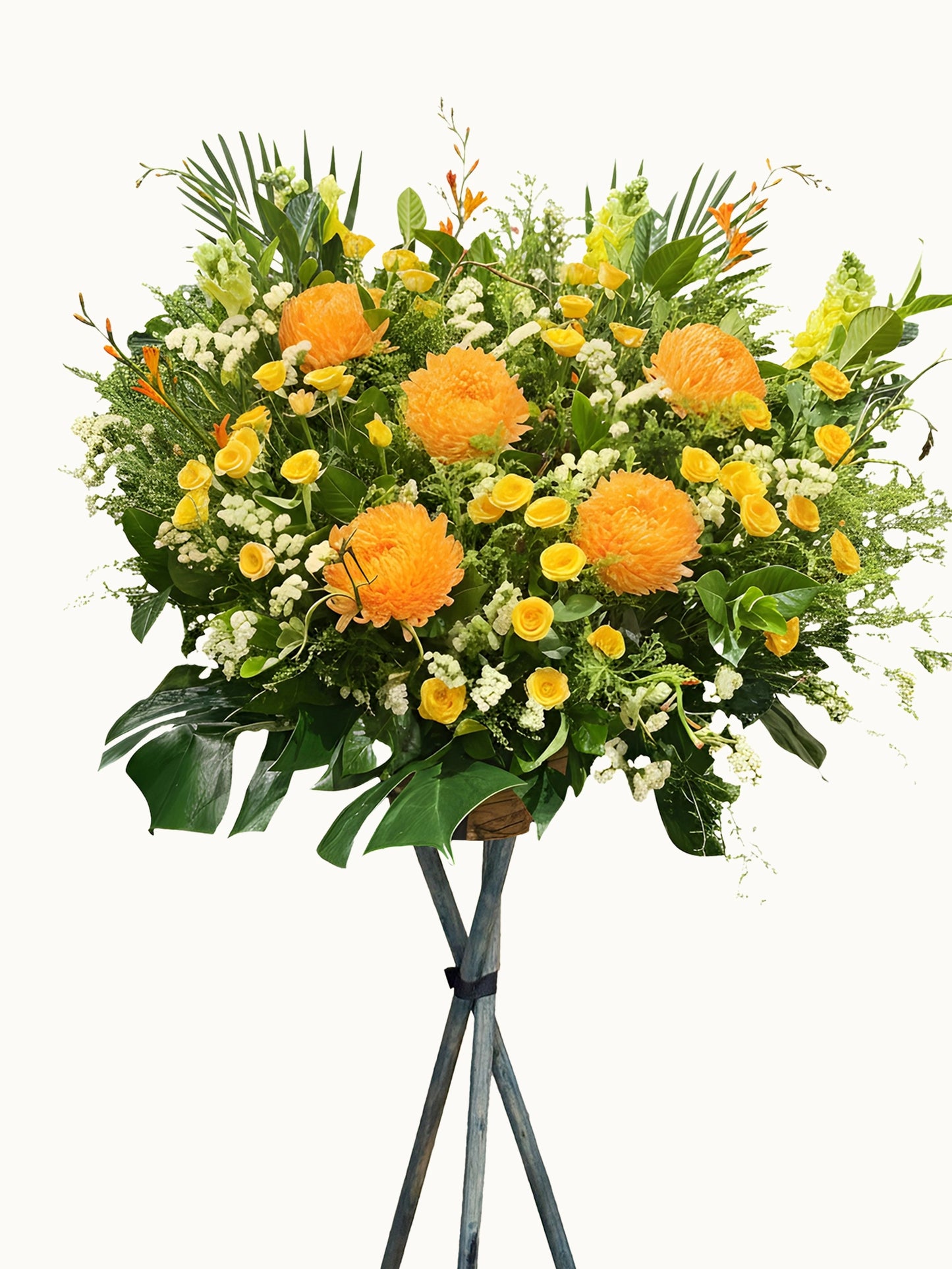 Sunrise Glory 開張花牌｜橙色 pompon blooms、黃色 roses 及 greenery