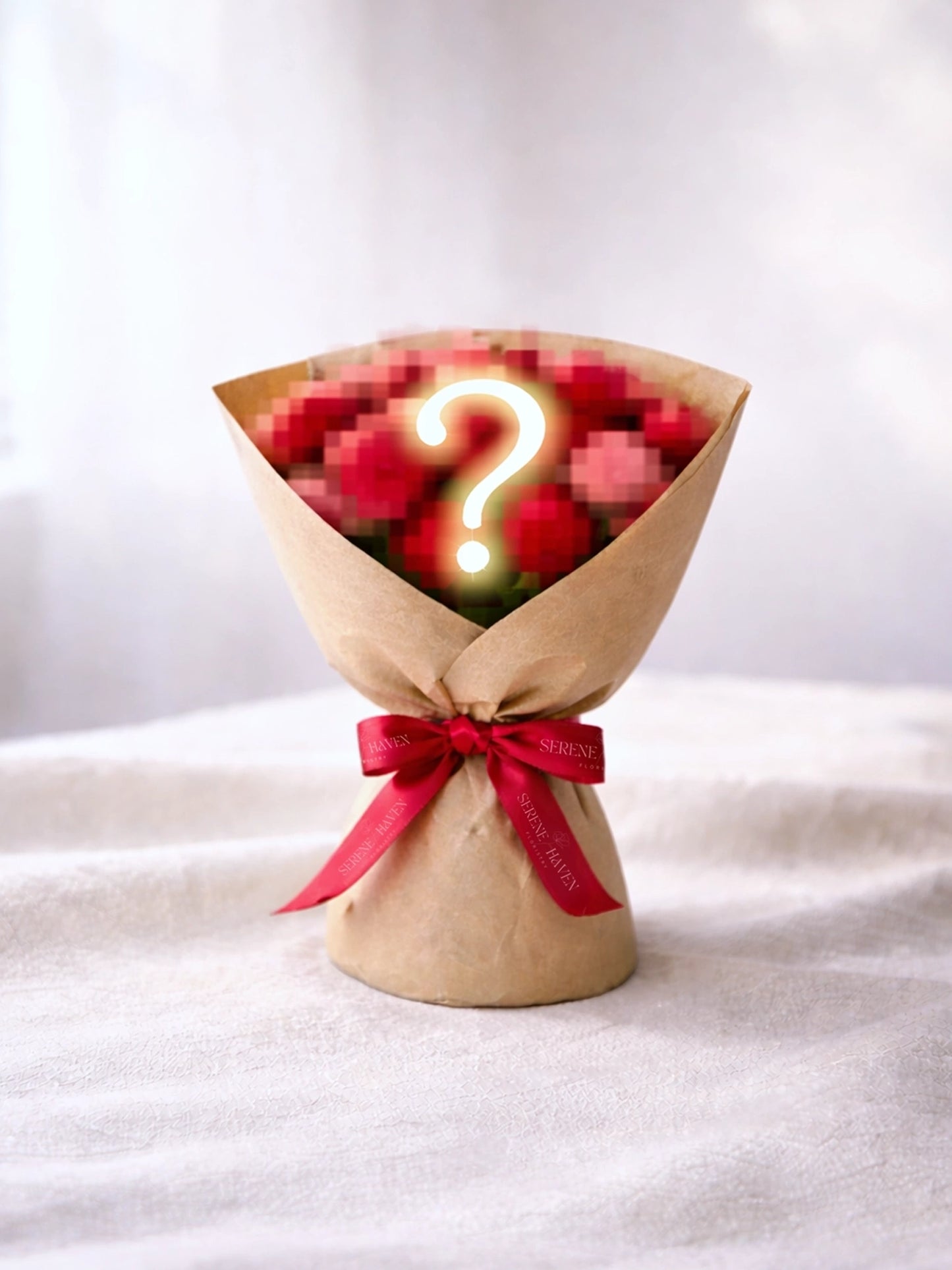Serene Haven 驚喜簡約迷你花束，極簡包裝設計。Surprise petite bouquet in plain packaging by Serene Haven.