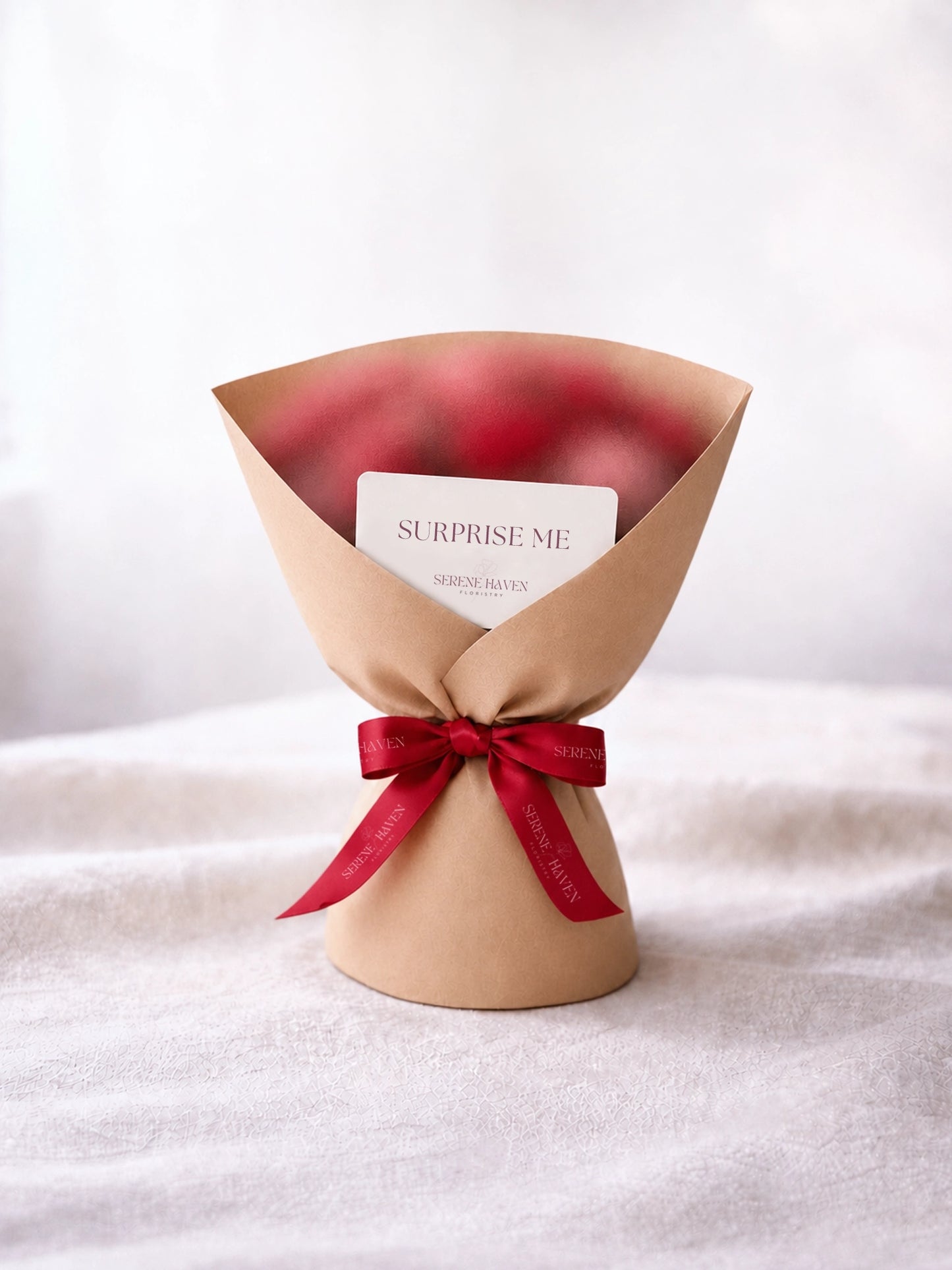 Surprise Me Plain Packaging florist’s choice 驚喜花束，配簡約牛皮紙包裝及紅色絲帶