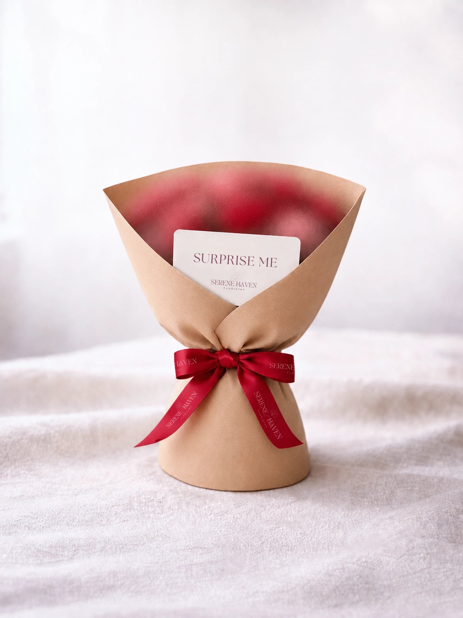 Surprise Me Plain Packaging florist’s choice 驚喜花束，配簡約牛皮紙包裝及紅色絲帶