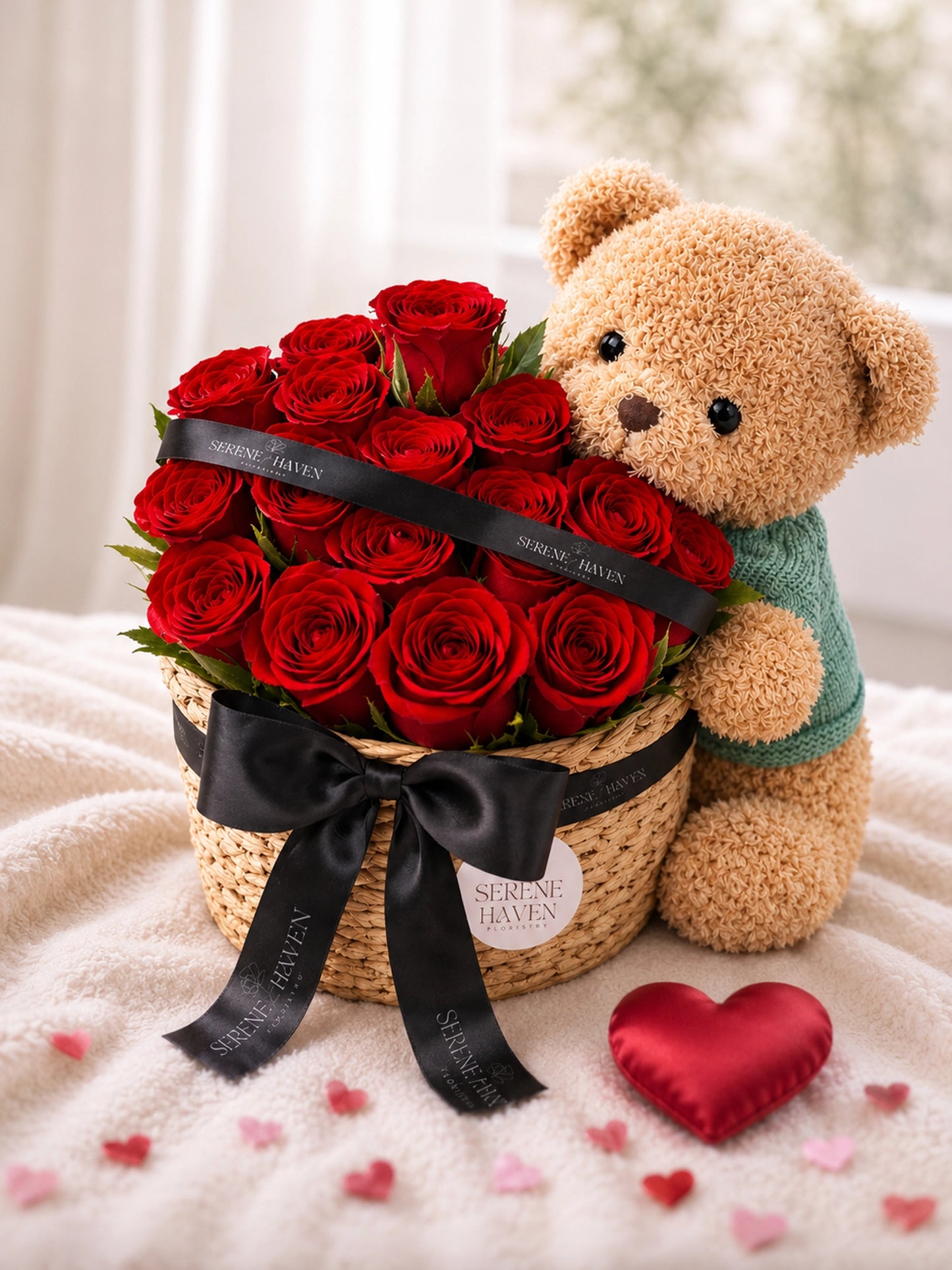 Serene Haven Teddy Haven 細節，紅玫瑰及小熊近拍。Close-up of red rose hamper with teddy bear.